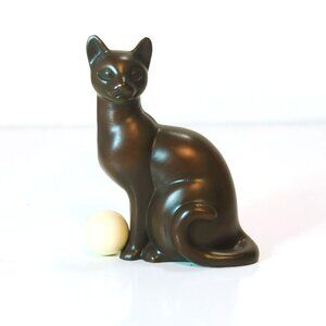 Franklin Mint Curio Cabinet Cat Art Deco Bronze With White Ball Figurine 3" 1988